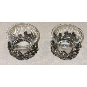 Ornate Glass Votive Candle Holders With Intricate Pewter Floral Design Set Of 2